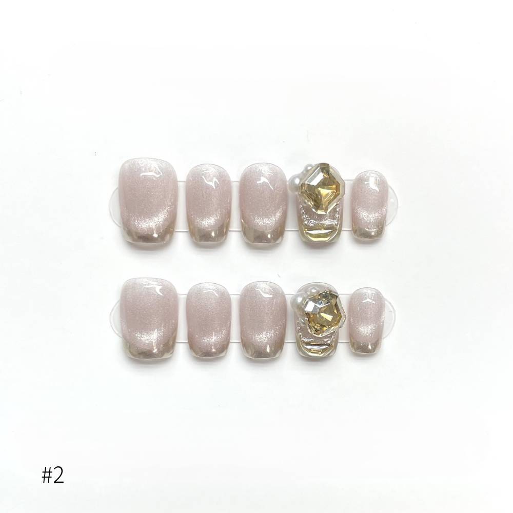 Short Squoval Round Press on Nails Handmade Glitter Glue on Gel Nails, Patterned Fake Nails Stick on Nails Sets Kits