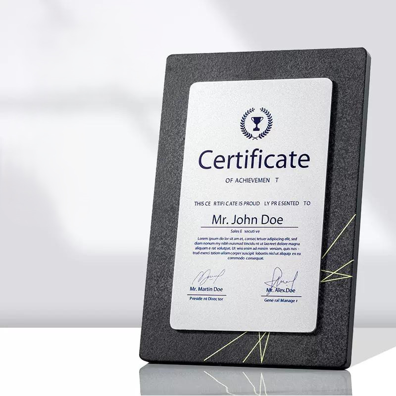 Marmură din aluminiu compozit Placă de autorizare 6.7 la 9.5 inch Desktop Certificat Award Placă personalizabilă cu logo și text