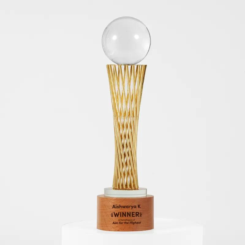 Trophée boule de cristal tissé 3.2x11.8 pouces avec base circulaire en bois massif, trophée sur pied à colonne personnalisable avec logo et texte