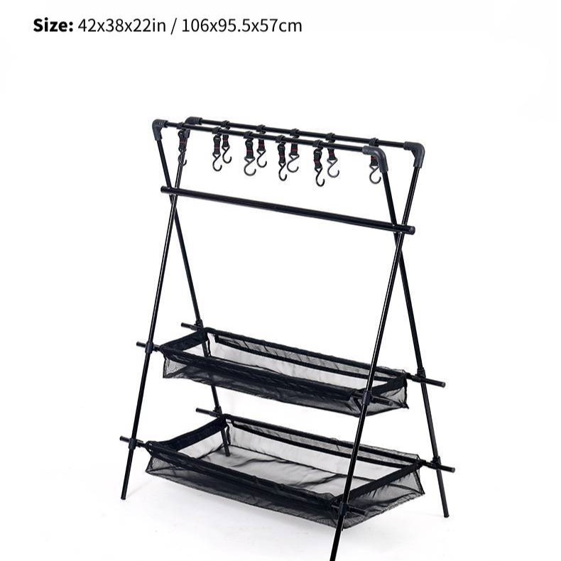 Cookware Hanging Rack Collapsible Aluminum Camping Stand Outdoor Tools Organizer with Dual-Layer Mesh Basket and Hooks Wholesale