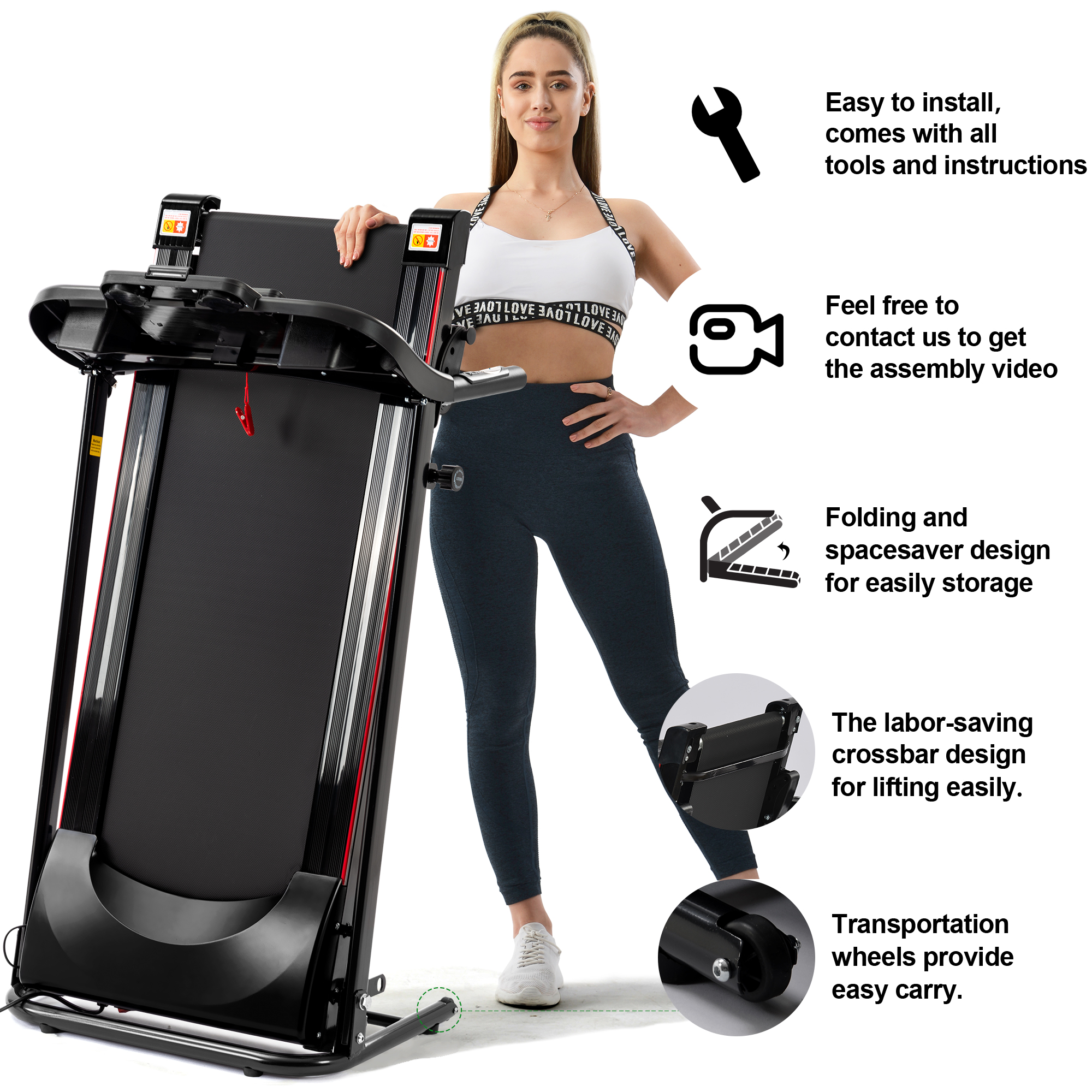 Foldable Electric Treadmill 2.5HP with Incline, 12KM/H, Bluetooth, Heart Rate Monitor - Ideal for Home Gym Fitness