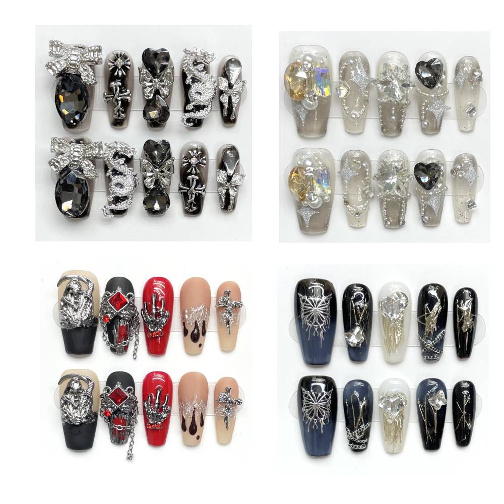 Dark Colored False Nails, Medium Coffin Shape, Medium T Shape Fake Nails 3D Design Art Charms, Perfect for Manicure, Women, and Girls