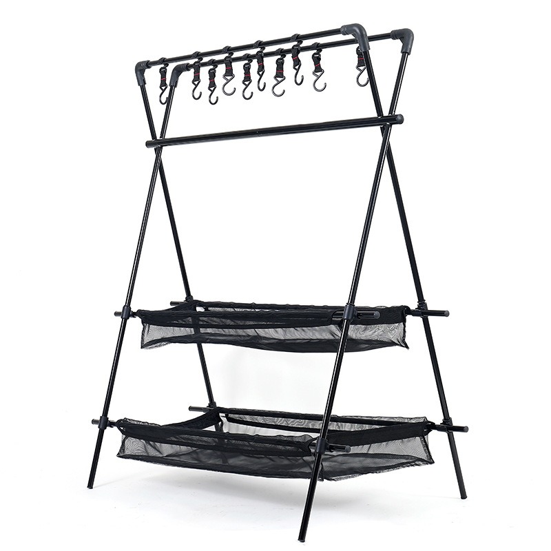 Cookware Hanging Rack Collapsible Aluminum Camping Stand Outdoor Tools Organizer with Dual-Layer Mesh Basket and Hooks Wholesale