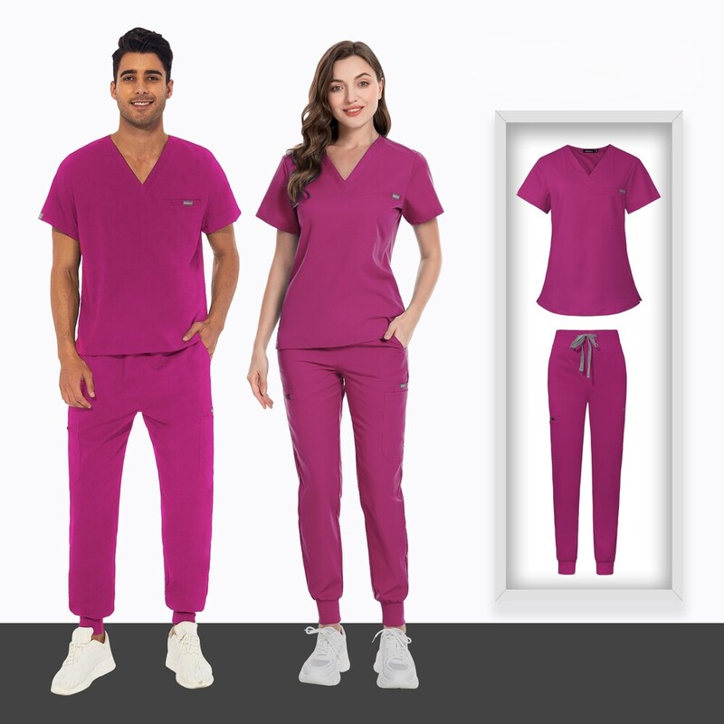 Uniforme médico | Conjunto de calças compridas e mangas curtas com decote em V, várias cores, logo personalizado | Vestuário de trabalho