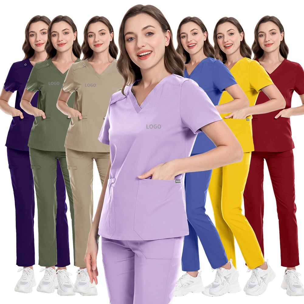 Blouse médicale | Ensemble Haut de Gamme Femme Col V Uni Haut + Pantalon Logo Personnalisé | Tenue de Travail