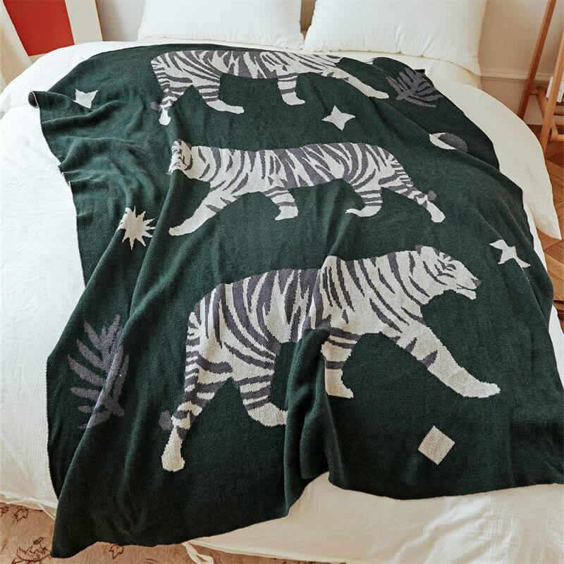 Throw Blanket | 51 by 63 In Wool Cashmere Scandinavian Cartoon Tiger Four Seasons | Gifts & Handmade